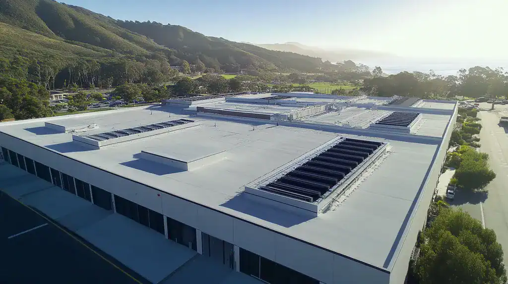 A commercial roof on a distribution center in a location similar to Big Sur with an urban context aesthetic (AI image)