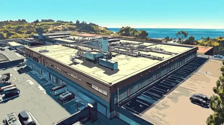 A commercial roof on a factory in a location similar to Big Sur with a comic book style aesthetic (AI image)