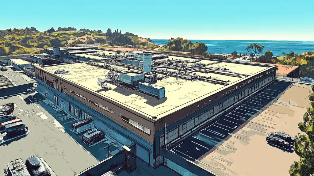 A commercial roof on a factory in a location similar to Big Sur with a comic book style aesthetic (AI image)