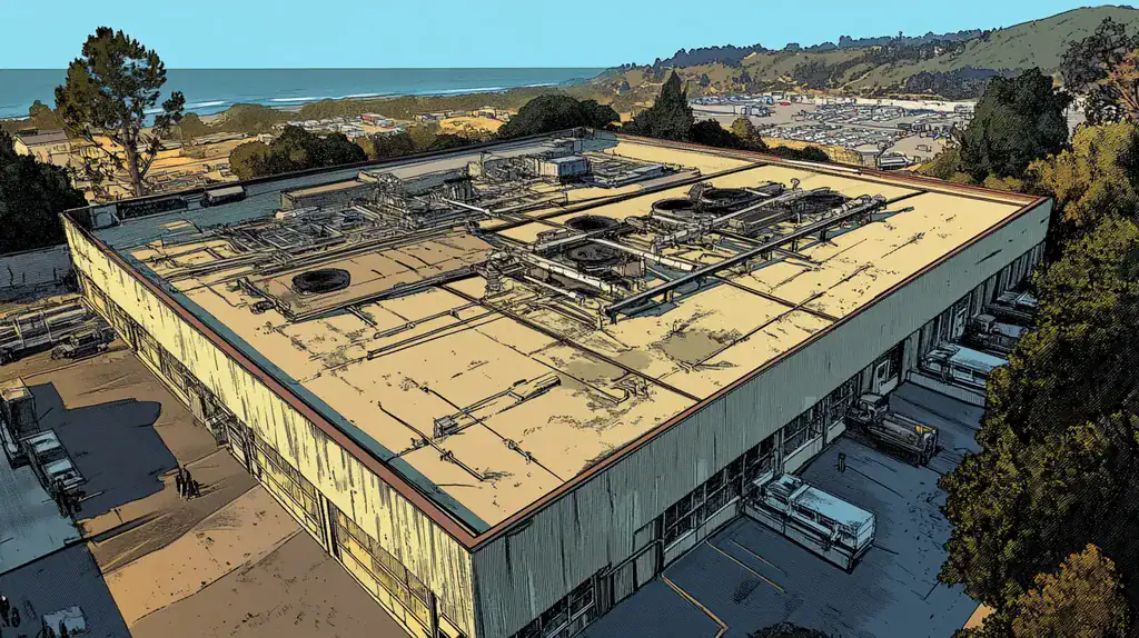 A commercial roof on a factory in a location similar to Big Sur with a comic book style aesthetic (AI image)