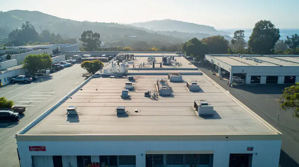 A commercial roof on a factory in a location similar to Big Sur with an urban context aesthetic (AI image)