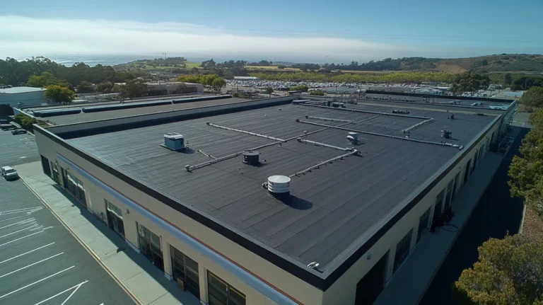 A commercial roof on a factory in a location similar to Big Sur with an urban context aesthetic (AI image)