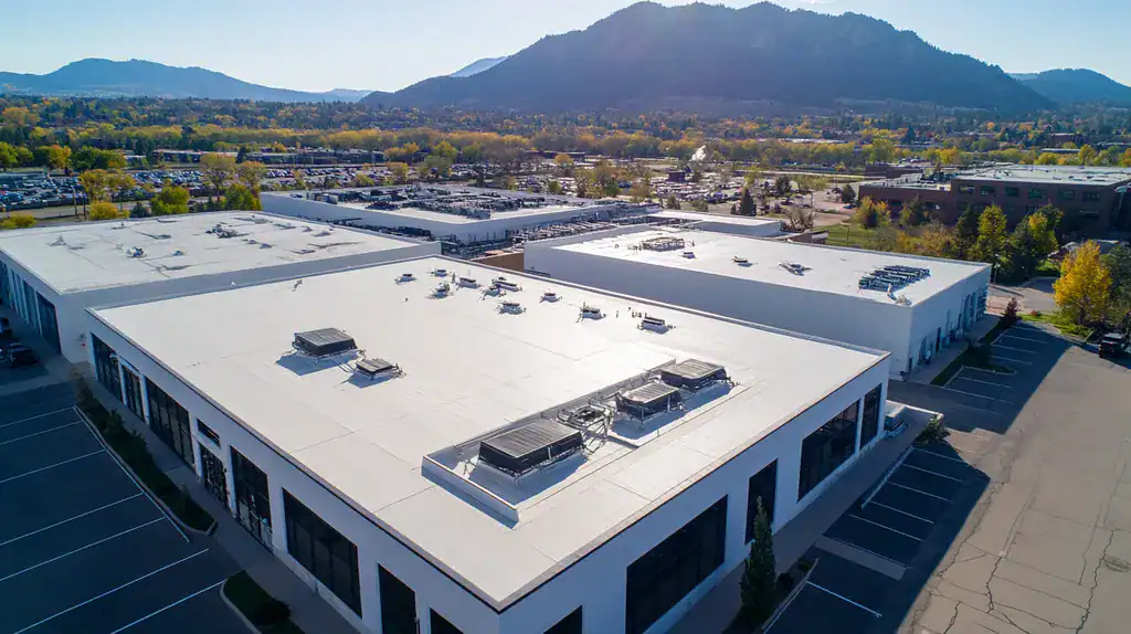 A commercial roof on a factory in a location similar to Boulder with an architectural photography aesthetic (AI image)