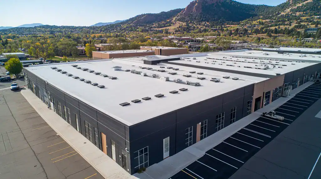 A commercial roof on a factory in a location similar to Boulder with an architectural photography aesthetic (AI image)