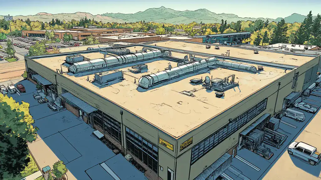 A commercial roof on a factory in a location similar to Boulder with a comic book style aesthetic (AI image)