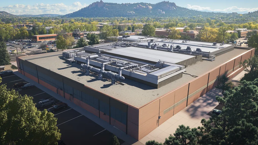 A commercial roof on a factory in a location similar to Boulder with a comic book style aesthetic (AI image)