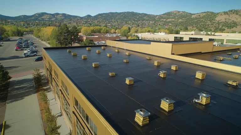 A commercial roof on a factory in a location similar to Boulder with a solid gold aesthetic (AI image)