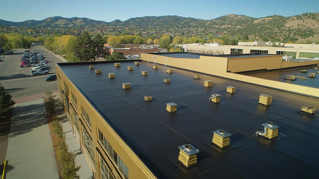 A commercial roof on a factory in a location similar to Boulder with a solid gold aesthetic (AI image)