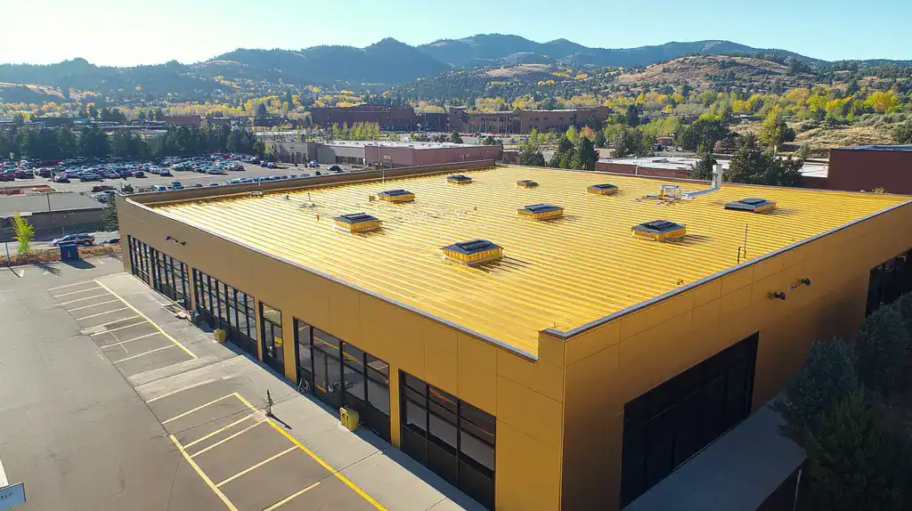 A commercial roof on a factory in a location similar to Boulder with a solid gold aesthetic (AI image)