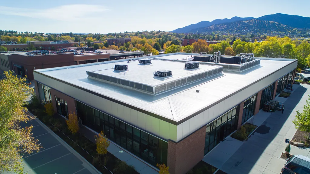A commercial roof on a factory in a location similar to Boulder with a stainless steel aesthetic (AI image)