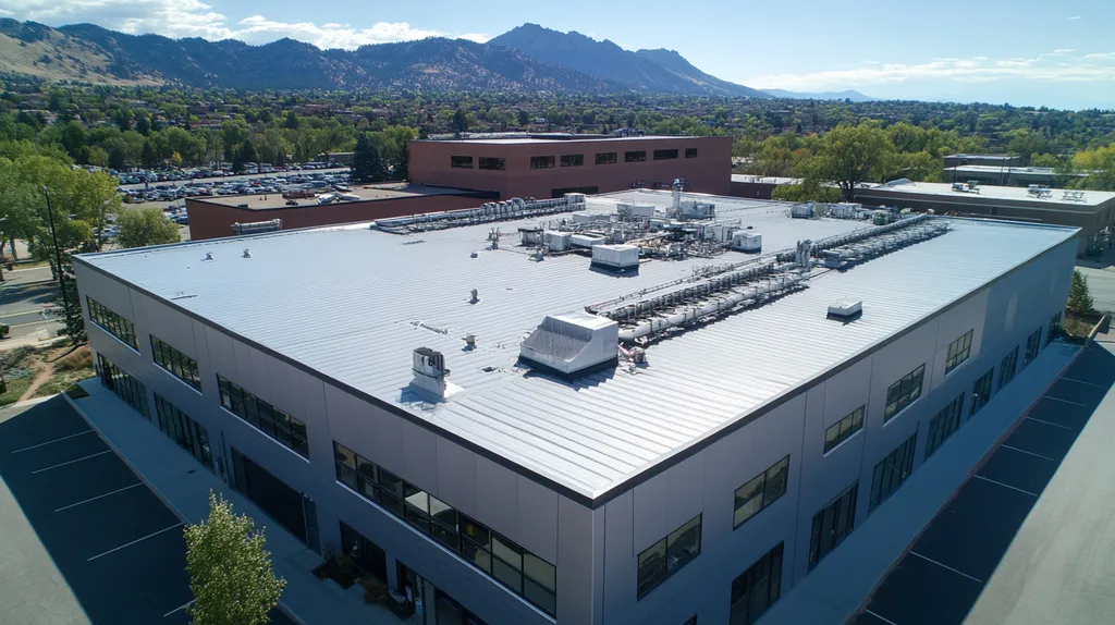 A commercial roof on a factory in a location similar to Boulder with a stainless steel aesthetic (AI image)