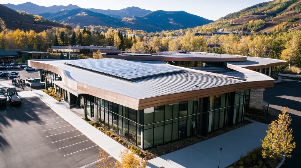A commercial roof on a fitness gym in a location similar to Aspen with a futuristic aesthetic (AI image)