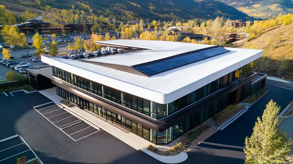 A commercial roof on a fitness gym in a location similar to Aspen with a futuristic aesthetic (AI image)