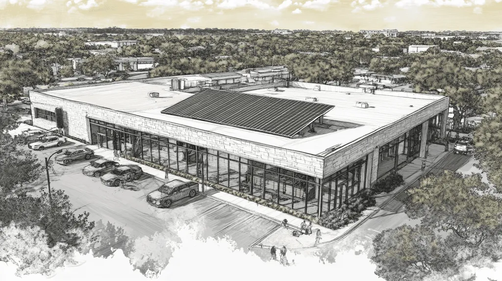 A commercial roof on a fitness gym in a location similar to Austin with a charcoal sketch aesthetic (AI image)