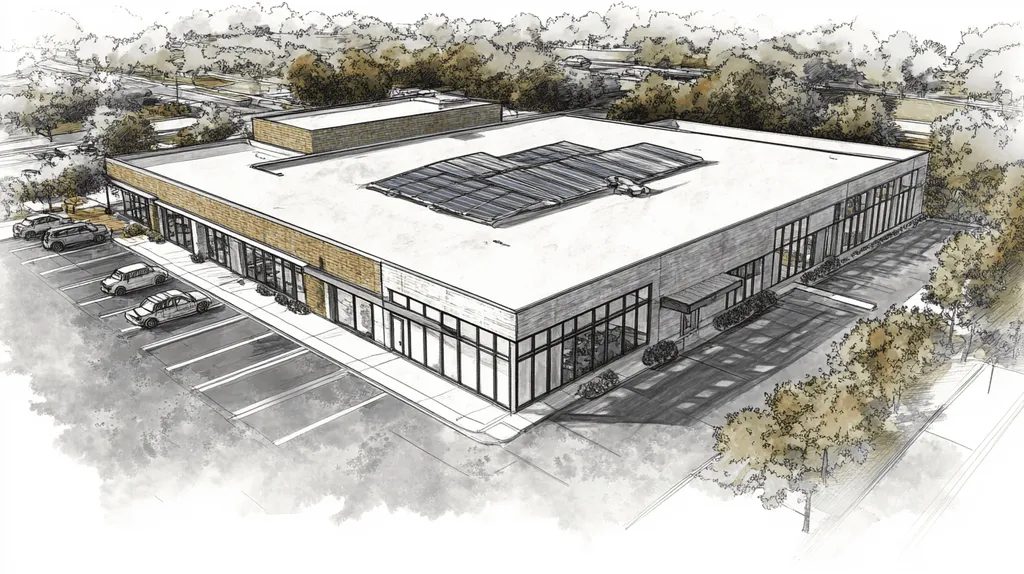 A commercial roof on a fitness gym in a location similar to Austin with a charcoal sketch aesthetic (AI image)
