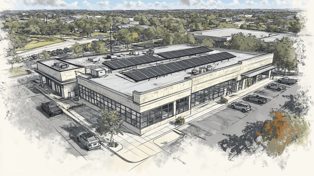 A commercial roof on a fitness gym in a location similar to Austin with a charcoal sketch aesthetic (AI image)