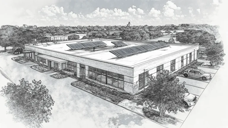 A commercial roof on a fitness gym in a location similar to Austin with a charcoal sketch aesthetic (AI image)