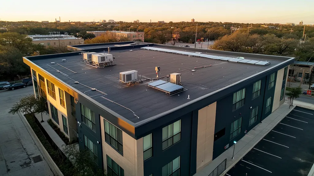 A commercial roof on a fitness gym in a location similar to Austin with a color highlight aesthetic (AI image)