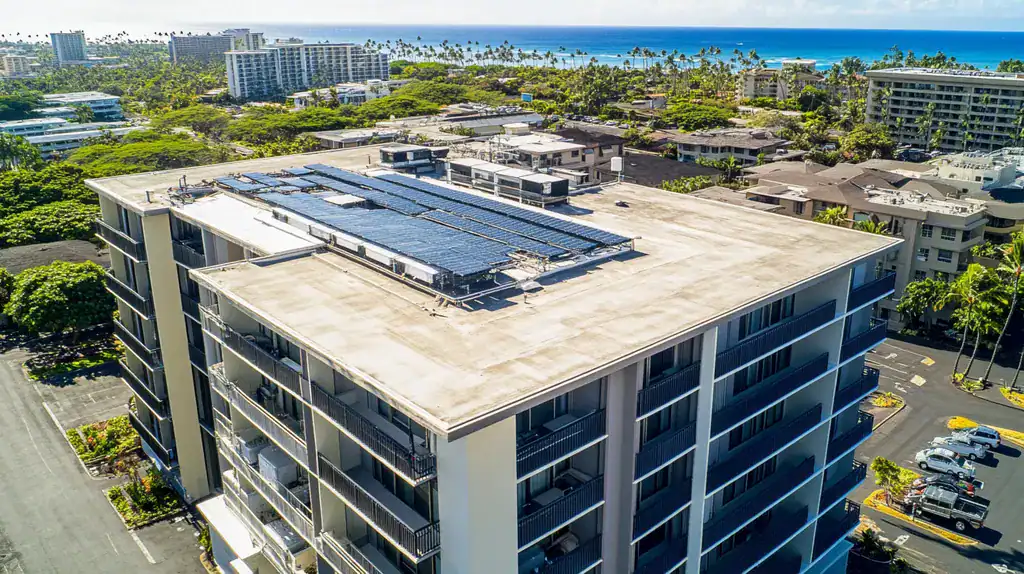 A commercial roof on high-rise apartments in a location similar to Honolulu with an architectural photography aesthetic (AI image)