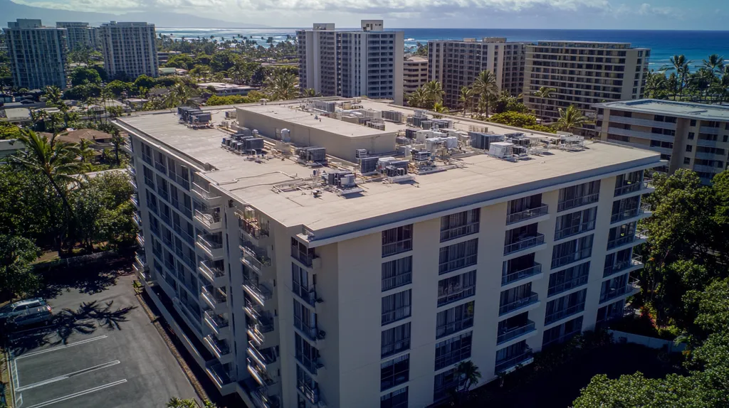 A commercial roof on high-rise apartments in a location similar to Honolulu with an architectural photography aesthetic (AI image)