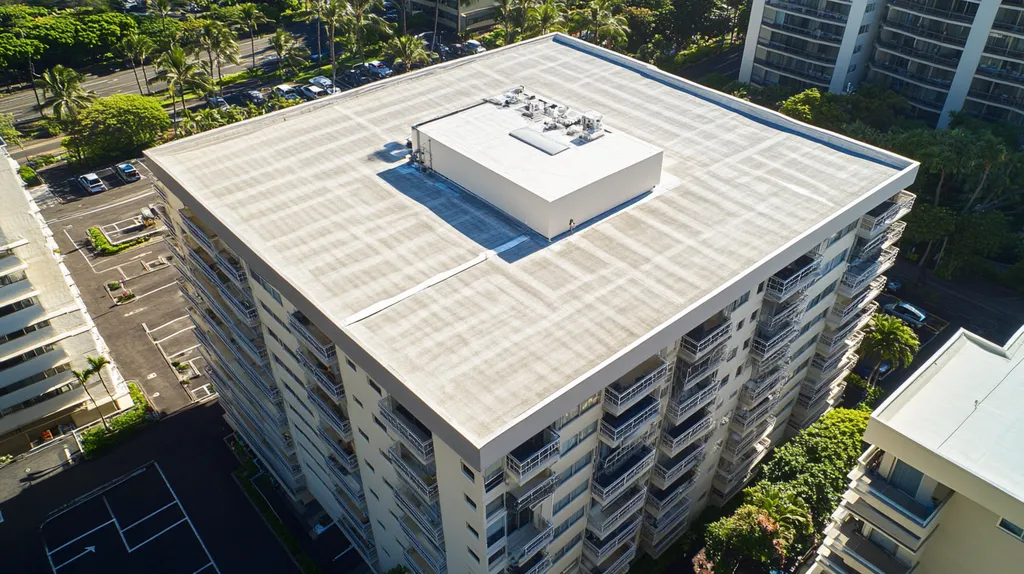 A commercial roof on high-rise apartments in a location similar to Honolulu with an architectural photography aesthetic (AI image)