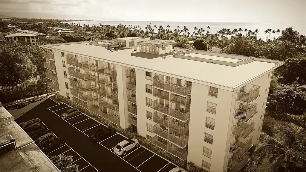 A commercial roof on high-rise apartments in a location similar to Honolulu with an architectural sketch rendering aesthetic (AI image)