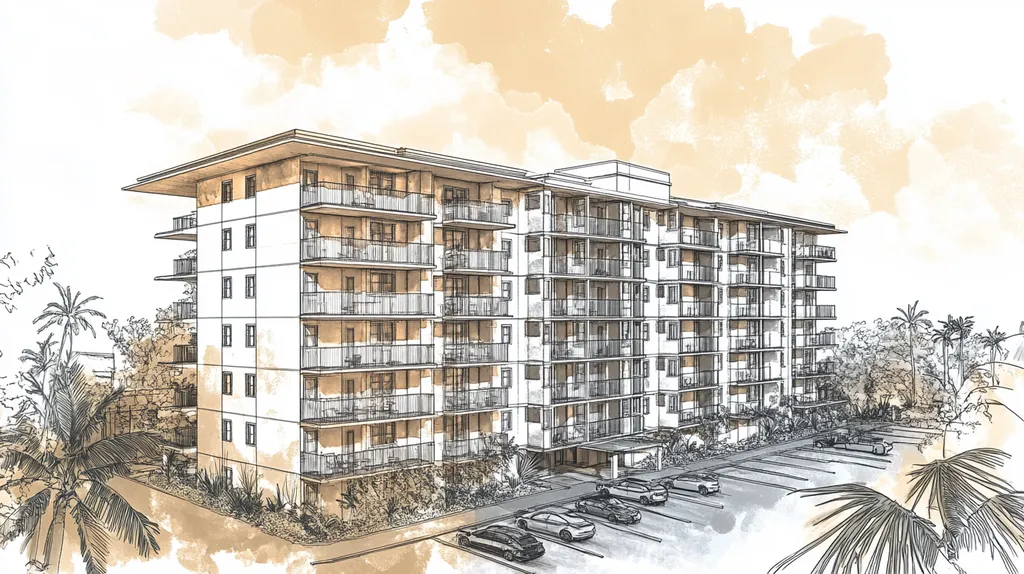 A commercial roof on high-rise apartments in a location similar to Honolulu with an architectural sketch rendering aesthetic (AI image)