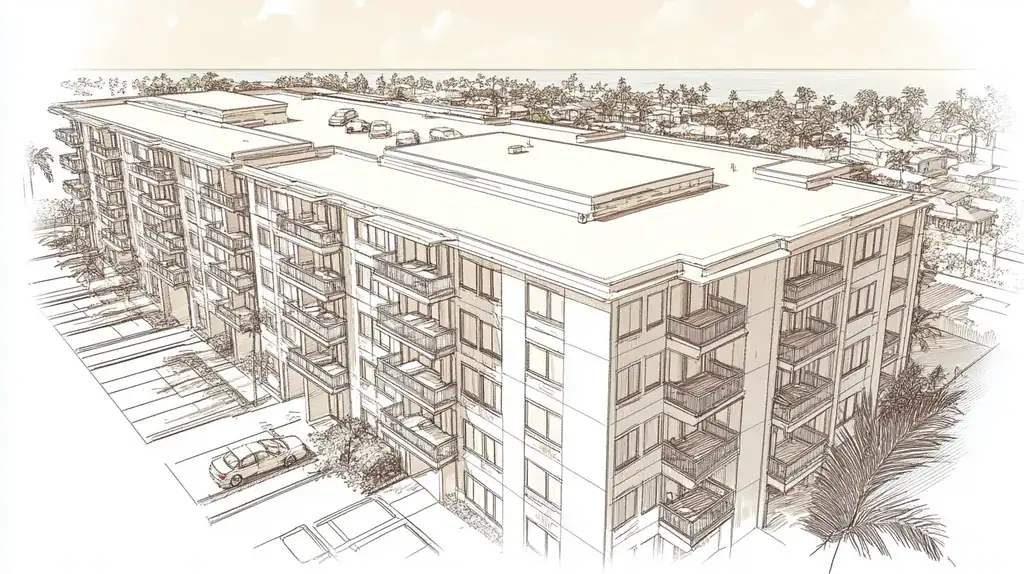A commercial roof on high-rise apartments in a location similar to Honolulu with an architectural sketch rendering aesthetic (AI image)