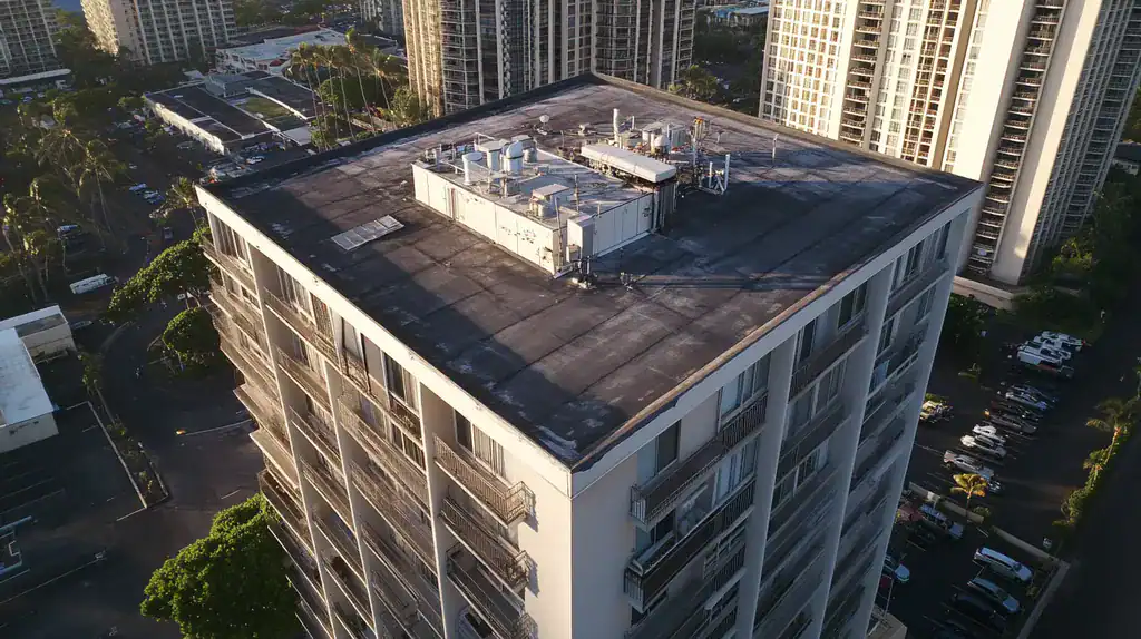 A commercial roof on high-rise apartments in a location similar to Honolulu with an urban context aesthetic (AI image)
