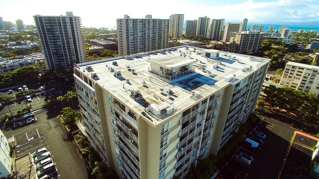 A commercial roof on high-rise apartments in a location similar to Honolulu with an urban context aesthetic (AI image)