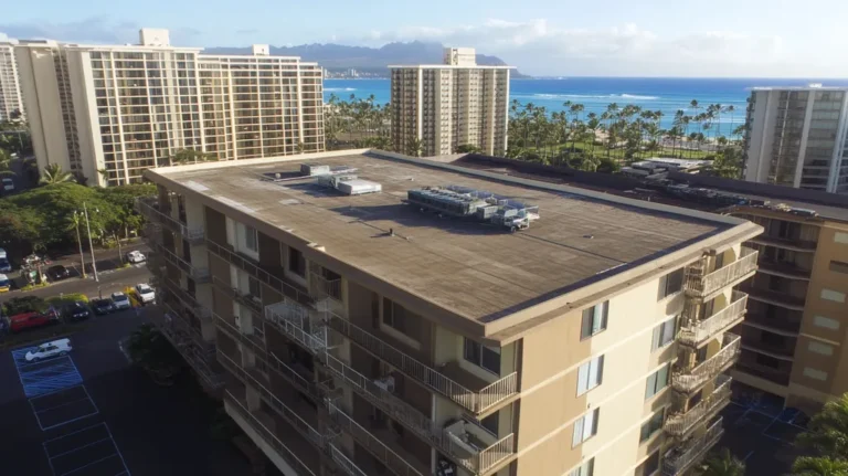 A commercial roof on high-rise apartments in a location similar to Honolulu with an urban context aesthetic (AI image)