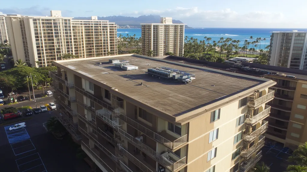 A commercial roof on high-rise apartments in a location similar to Honolulu with an urban context aesthetic (AI image)