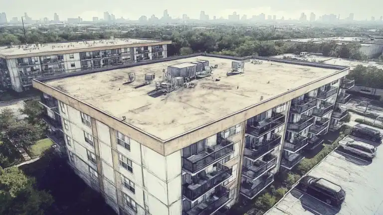A commercial roof on high-rise apartments in a location similar to Houston with a charcoal sketch aesthetic (AI image)