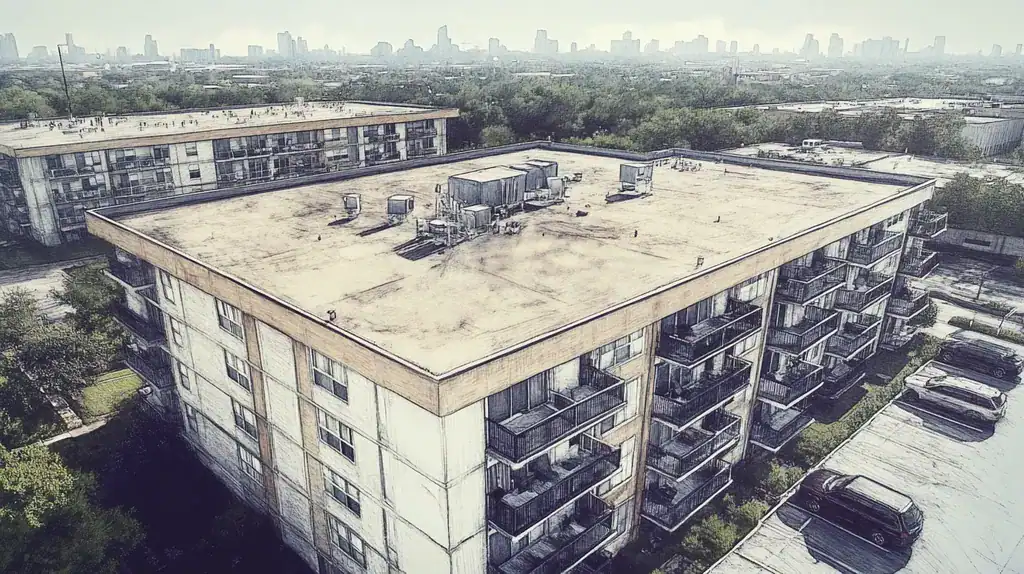 A commercial roof on high-rise apartments in a location similar to Houston with a charcoal sketch aesthetic (AI image)