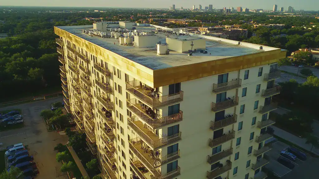 A commercial roof on high-rise apartments in a location similar to Houston with a solid gold aesthetic (AI image)