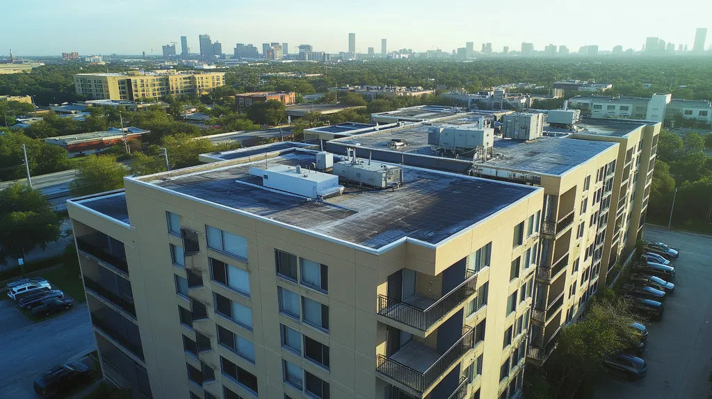 A commercial roof on high-rise apartments in a location similar to Houston with an urban context aesthetic (AI image)