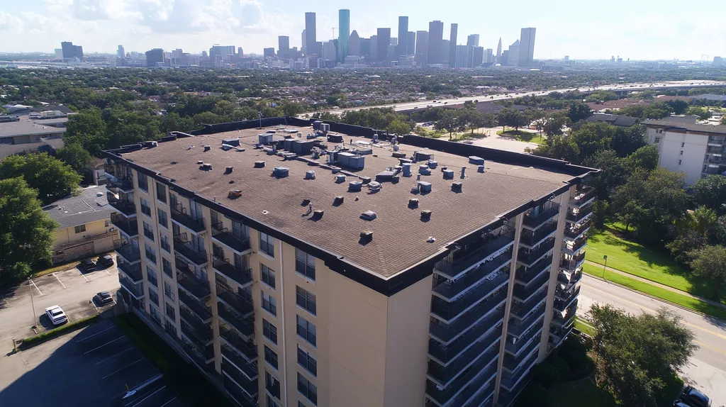 A commercial roof on high-rise apartments in a location similar to Houston with an urban context aesthetic (AI image)