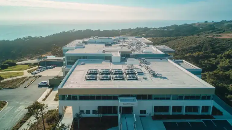 A commercial roof on a hospital in a location similar to Big Sur with a cross-processed look aesthetic (AI image)