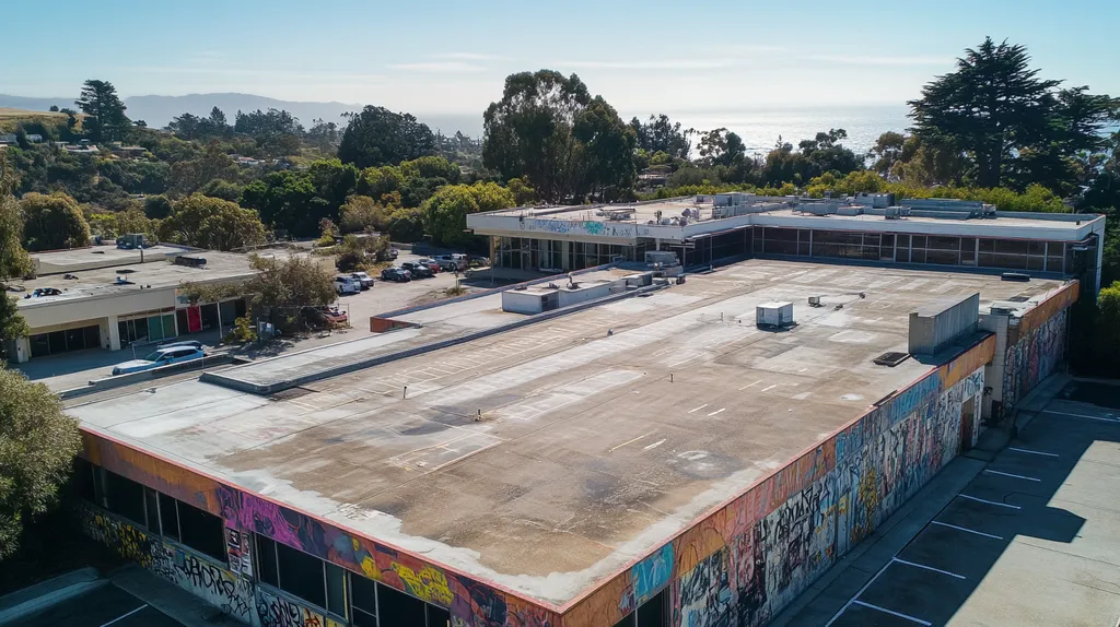 A commercial roof on a hospital in a location similar to Big Sur with a graffiti mural aesthetic (AI image)