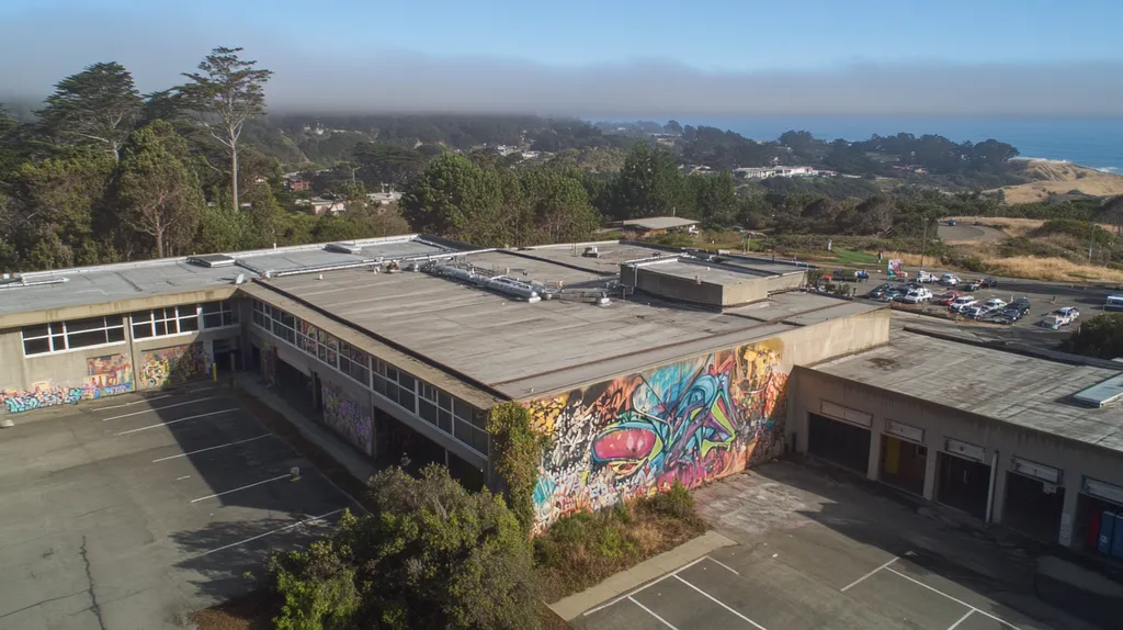 A commercial roof on a hospital in a location similar to Big Sur with a graffiti mural aesthetic (AI image)