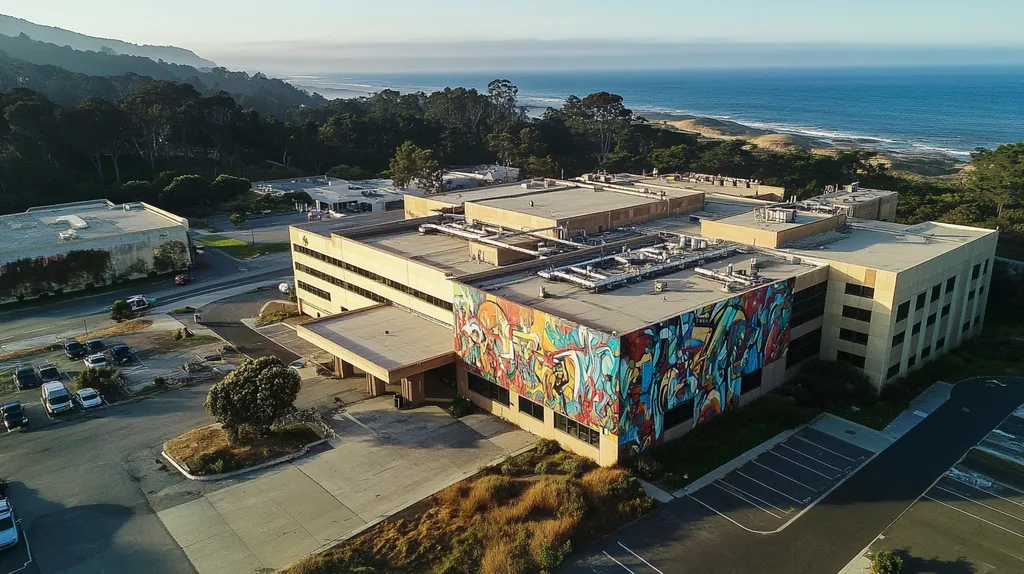 A commercial roof on a hospital in a location similar to Big Sur with a graffiti mural aesthetic (AI image)