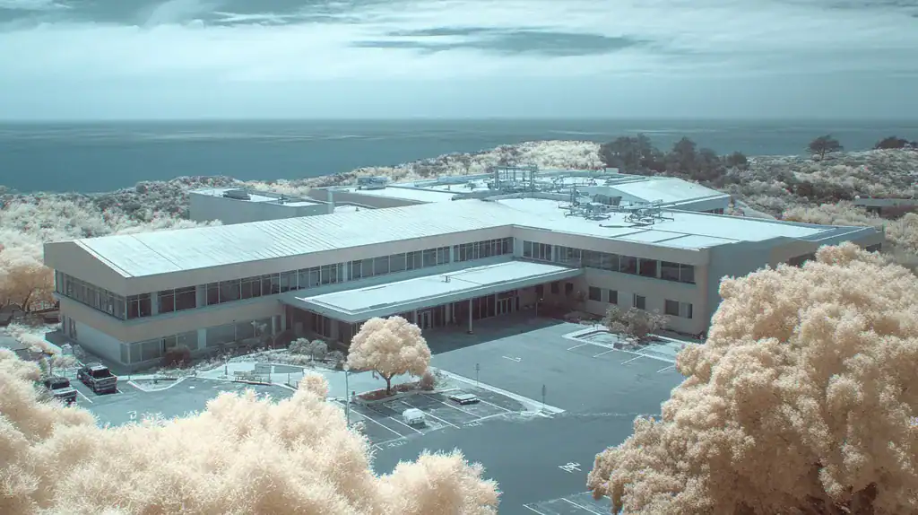 A commercial roof on a hospital in a location similar to Big Sur with an infrared photography aesthetic (AI image)