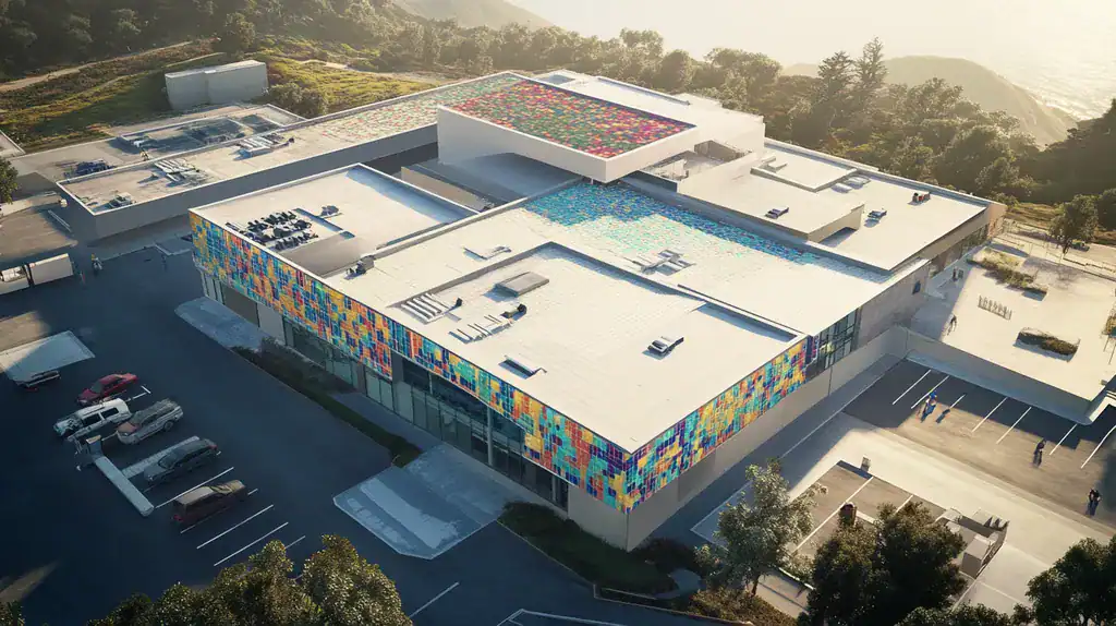 A commercial roof on a hospital in a location similar to Big Sur with a mosaic tile art aesthetic (AI image)