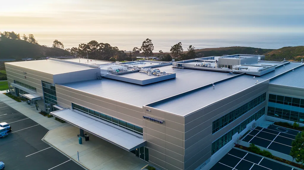 A commercial roof on a hospital in a location similar to Big Sur with a stainless steel aesthetic (AI image)