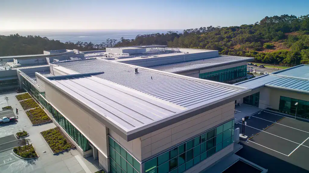A commercial roof on a hospital in a location similar to Big Sur with a stainless steel aesthetic (AI image)