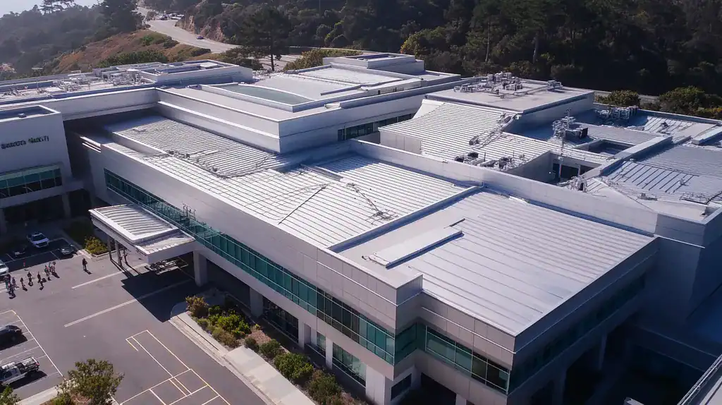 A commercial roof on a hospital in a location similar to Big Sur with a stainless steel aesthetic (AI image)