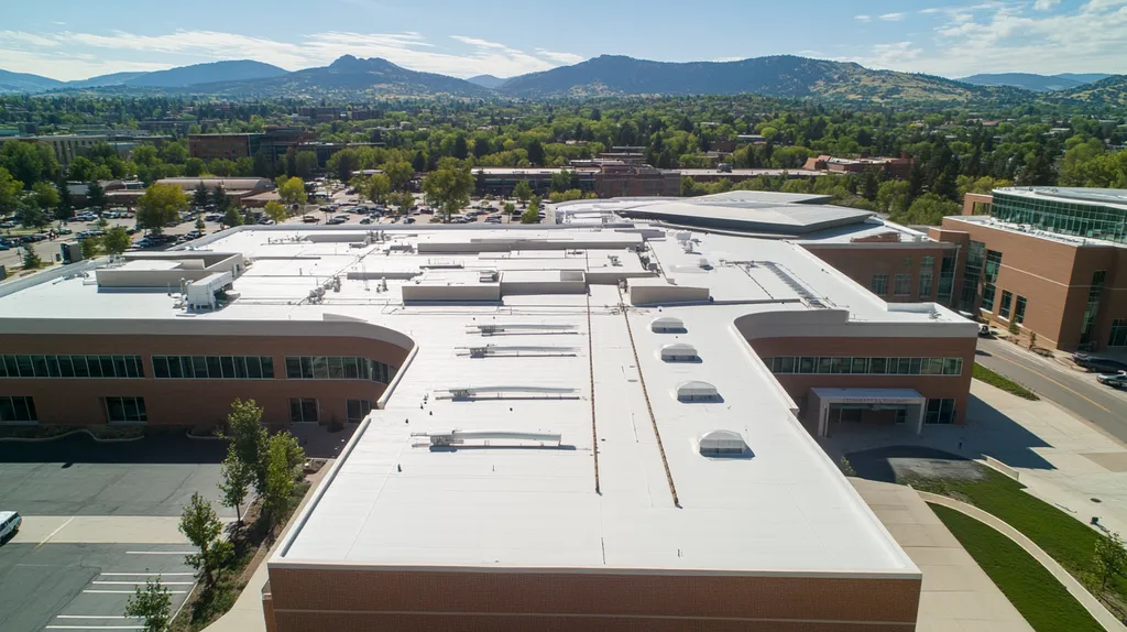 A commercial roof on a hospital in a location similar to Boulder with a color highlight aesthetic (AI image)