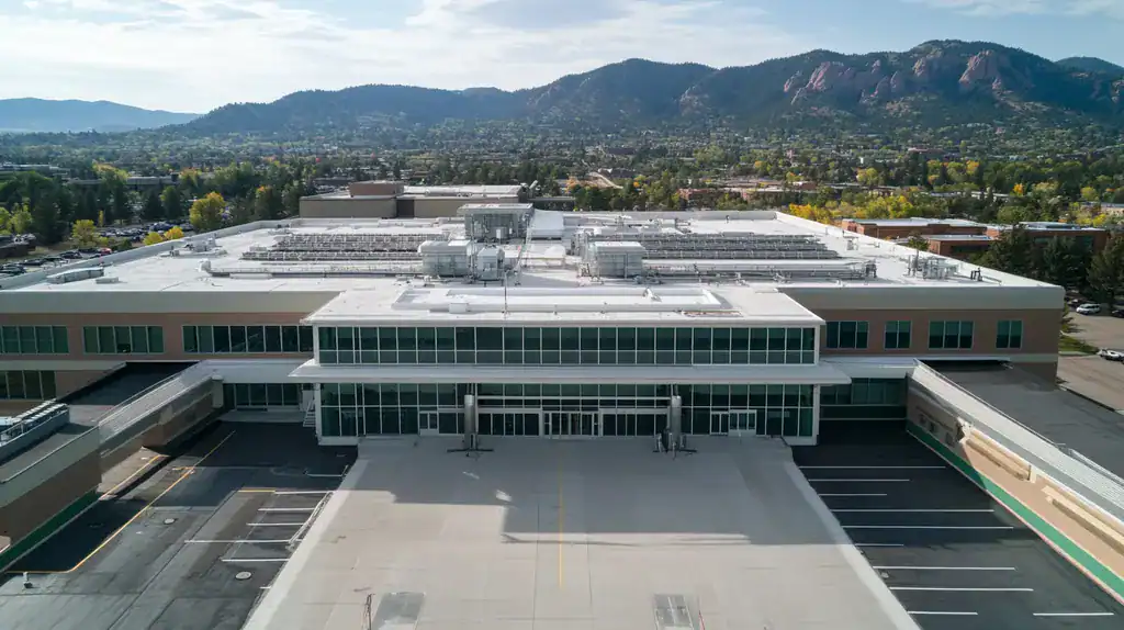A commercial roof on a hospital in a location similar to Boulder with a color highlight aesthetic (AI image)