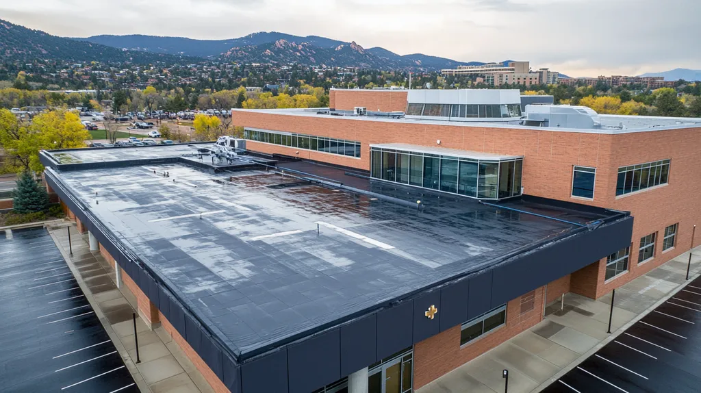 A commercial roof on a hospital in a location similar to Boulder with a rainy day aesthetic (AI image)