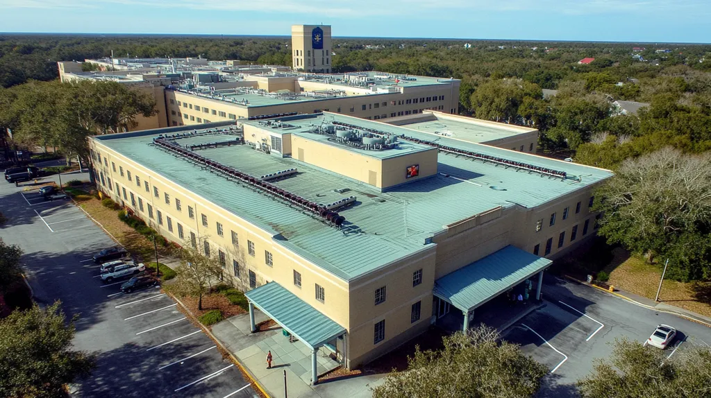 A commercial roof on a hospital in a location similar to Charleston with a cross-processed look aesthetic (AI image)